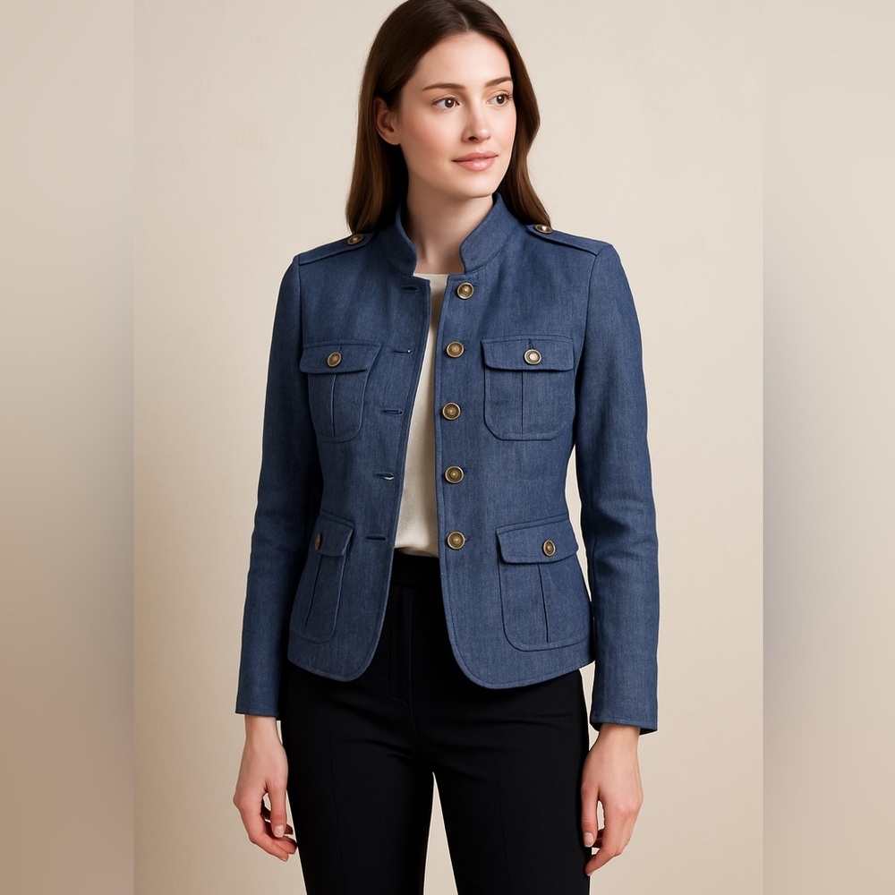 Banana Republic Blue Denim Color Linen Safari Style Military Blazer Jacket Sz 10